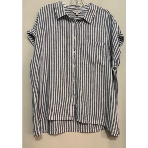 Orvis Linen Blend Striped Short Sleeve Button Down Shirt Blouse Minimalist XL - Picture 1 of 8